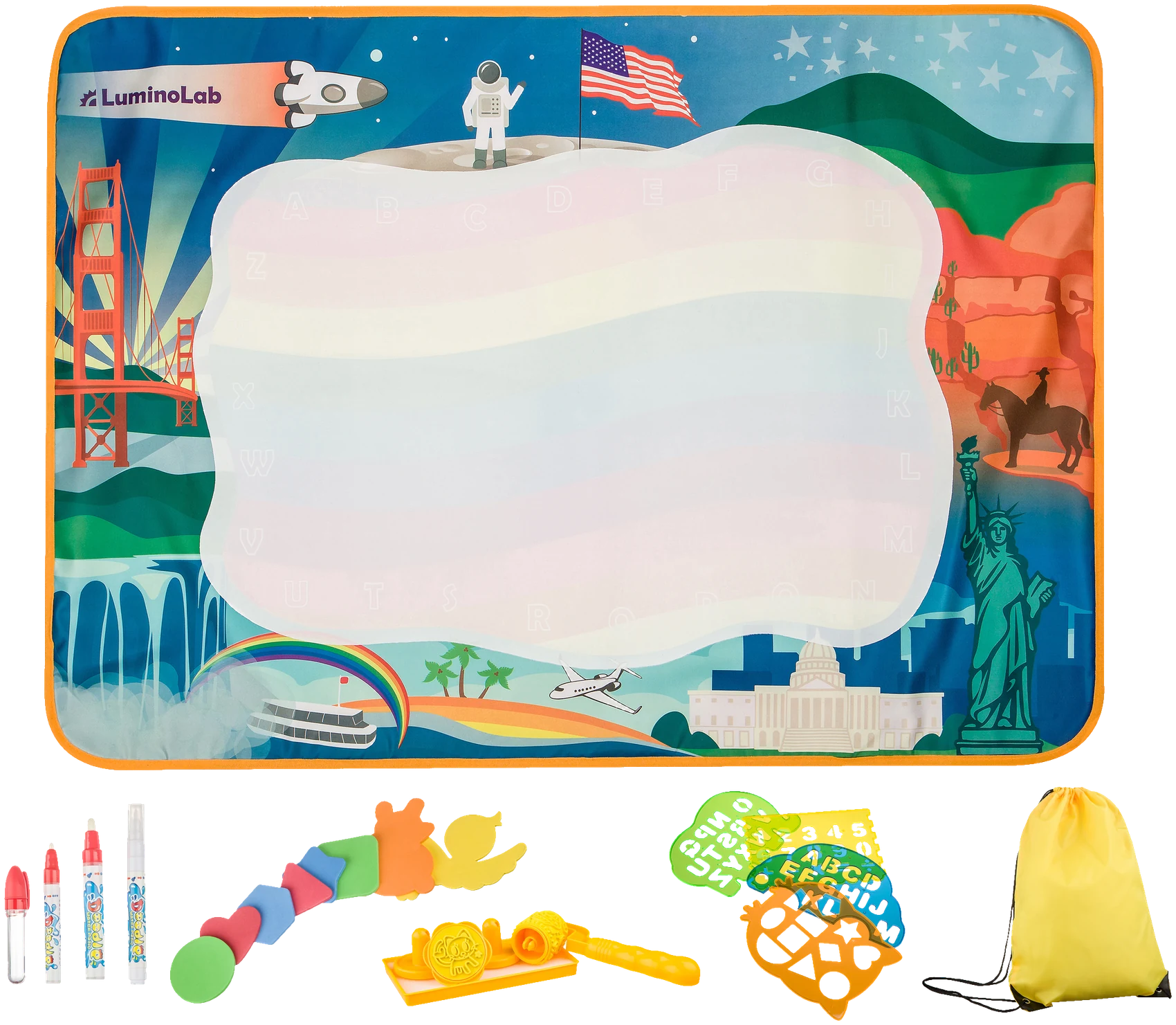 The complete LuminoLab set: the mat, four water markers, soft shapes, stamps, a patterned roller, stencils and the yellow storage bag